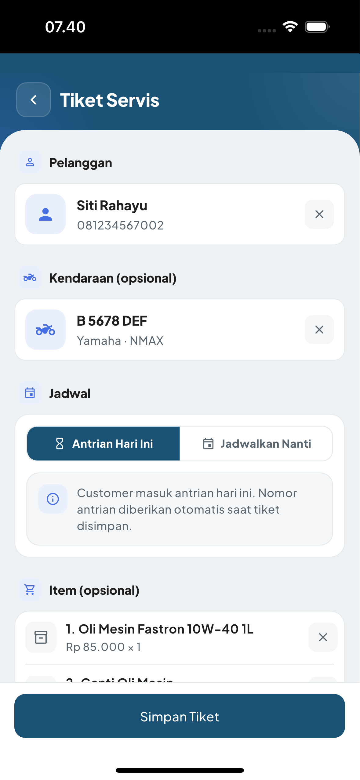 Input servis dirancang untuk bengkel motor.