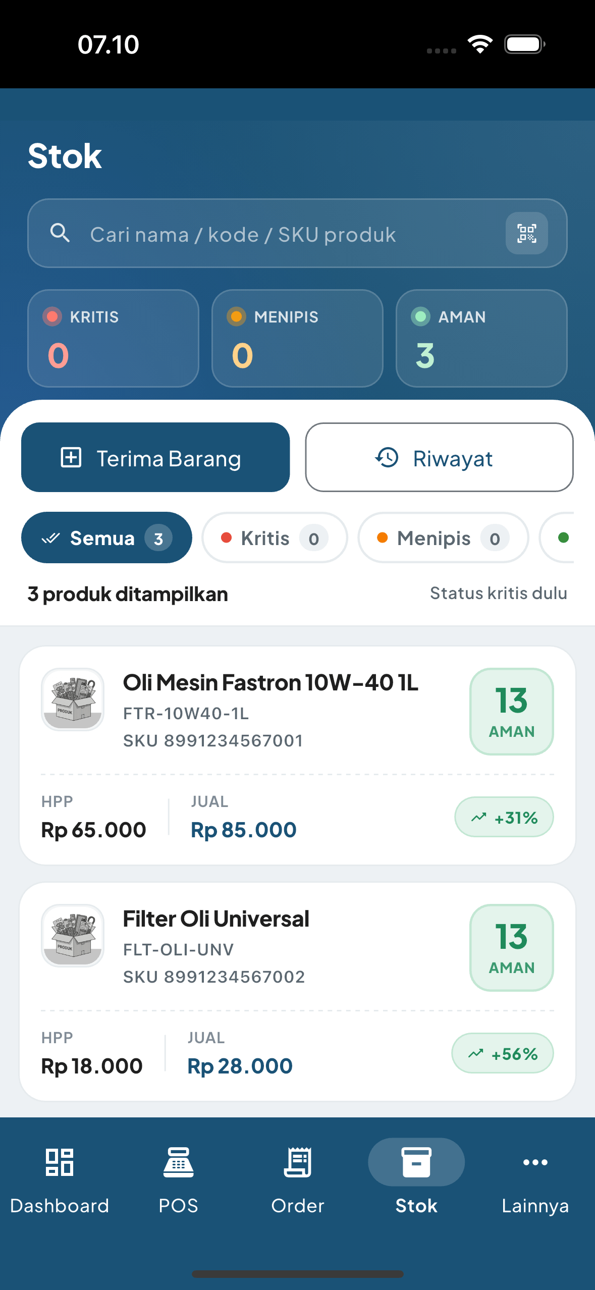 Stok di-track otomatis tiap servis.